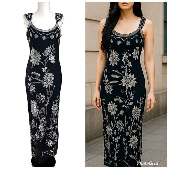 Adrianna Papell Y2K Silk Embroidered Floral Beaded Maxi Dress 10 Whimsigoth - Picture 1 of 16